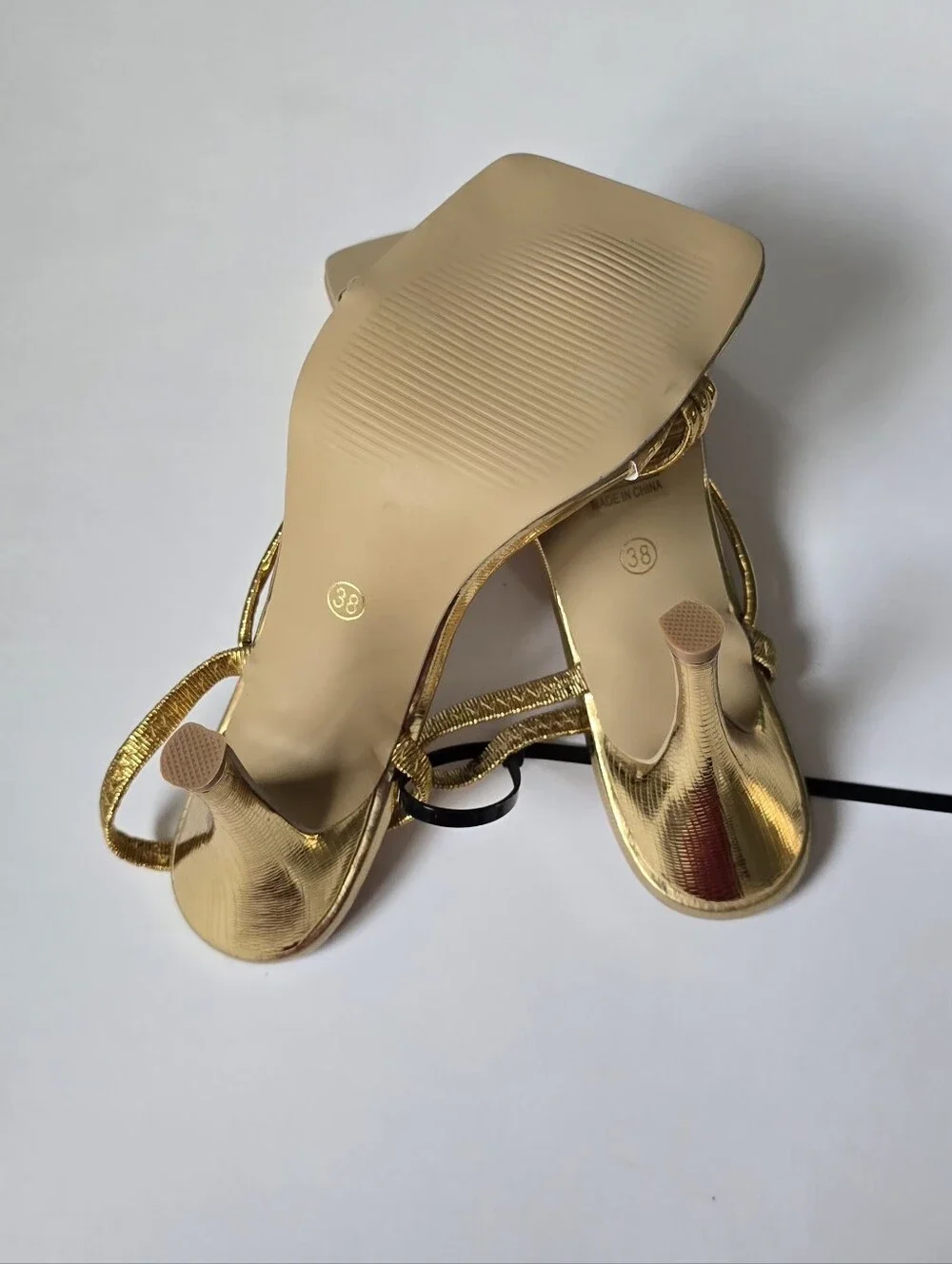 Gold Metallic Strappy Square-Toe Heeled Sandals